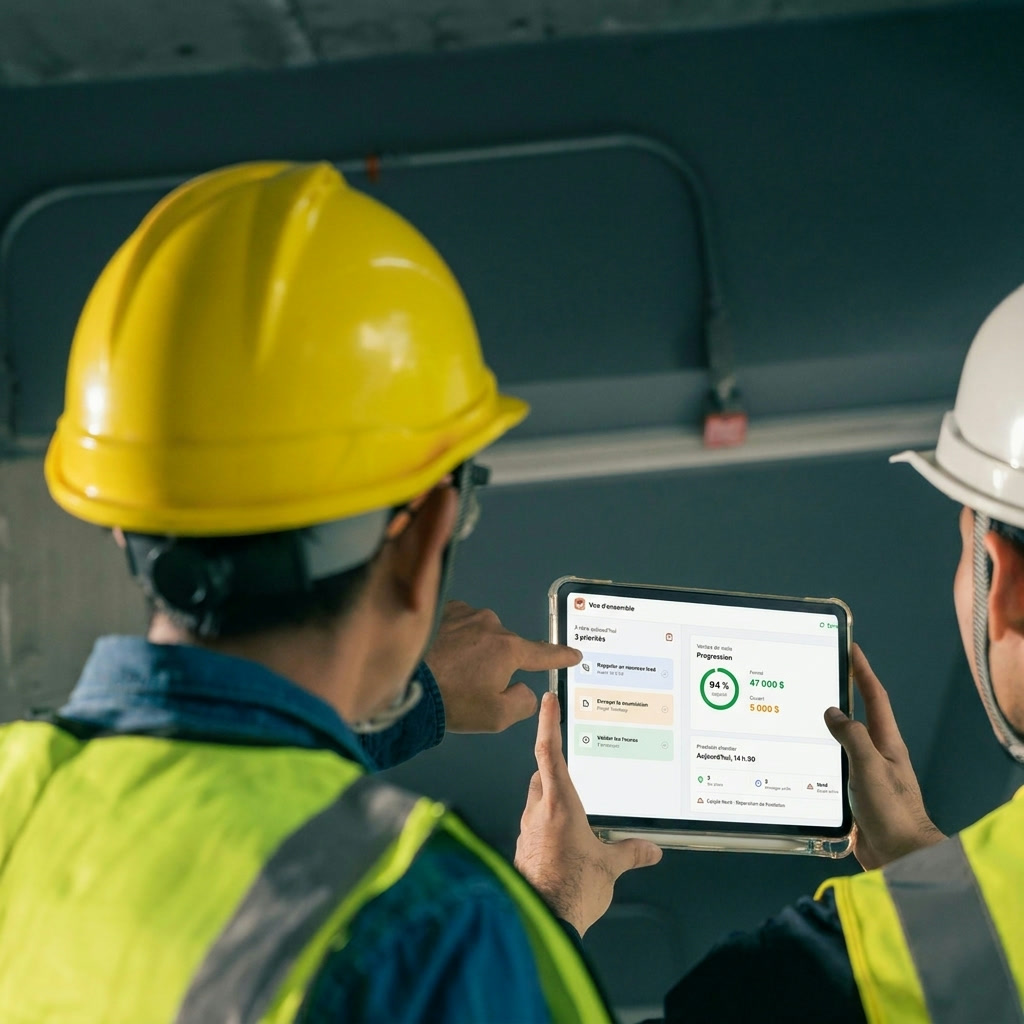 Deux travailleurs de la construction consultant Fondation Flow sur une tablette